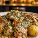 A delicious plate of Garlic Parmesan Chicken garnished with herbs and served hot.