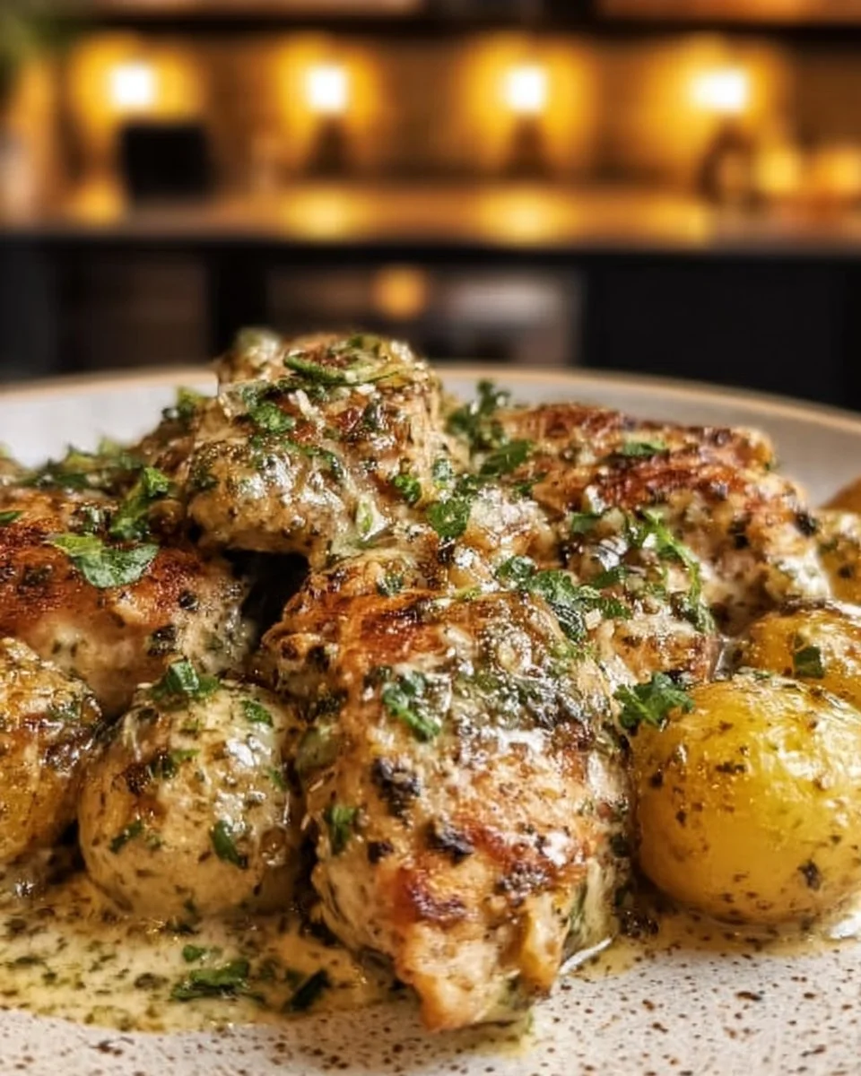 A delicious plate of Garlic Parmesan Chicken garnished with herbs and served hot.