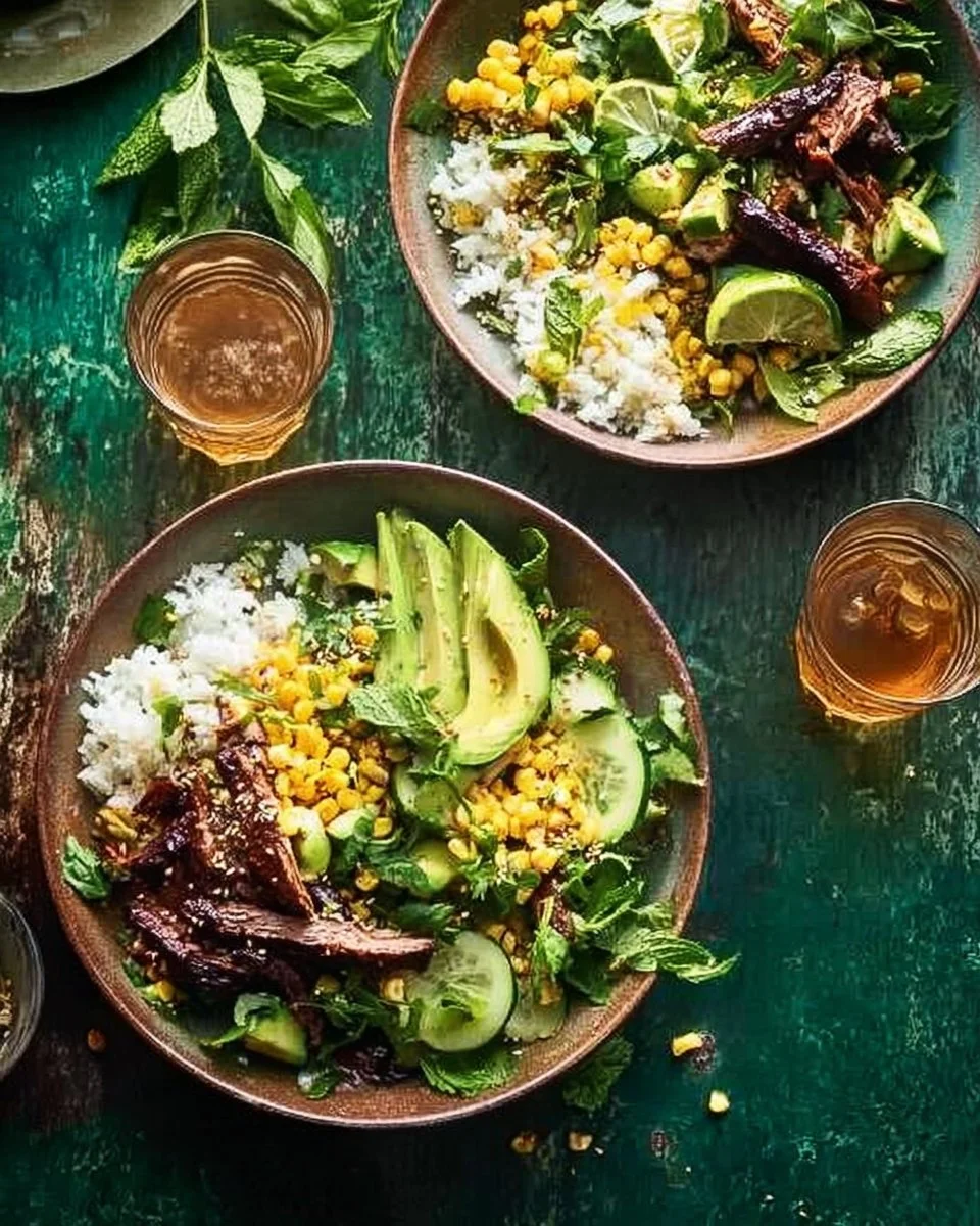 Ginger steak cucumber bowls served in a vibrant dish