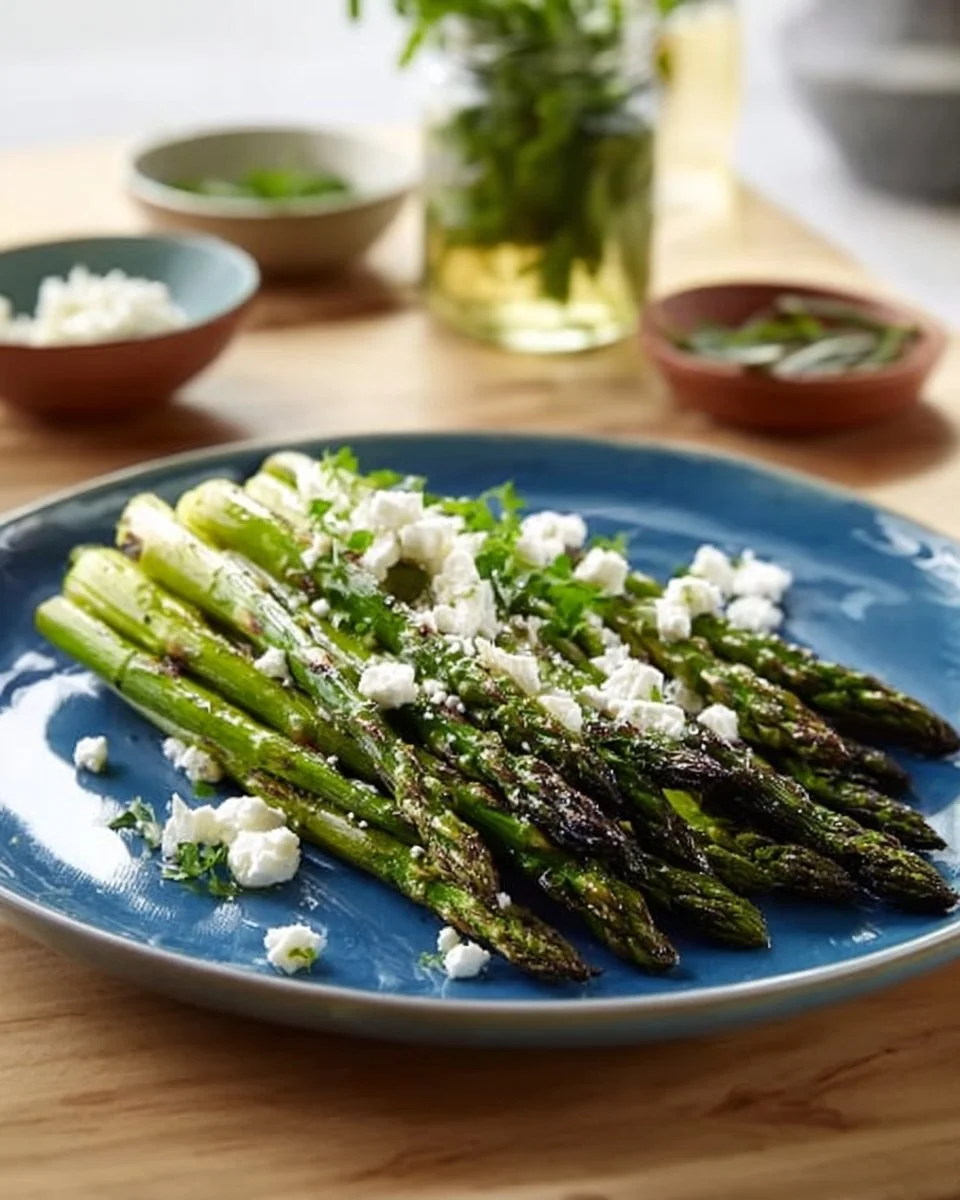 Grilled asparagus garnished with lemon and herbs on a plate