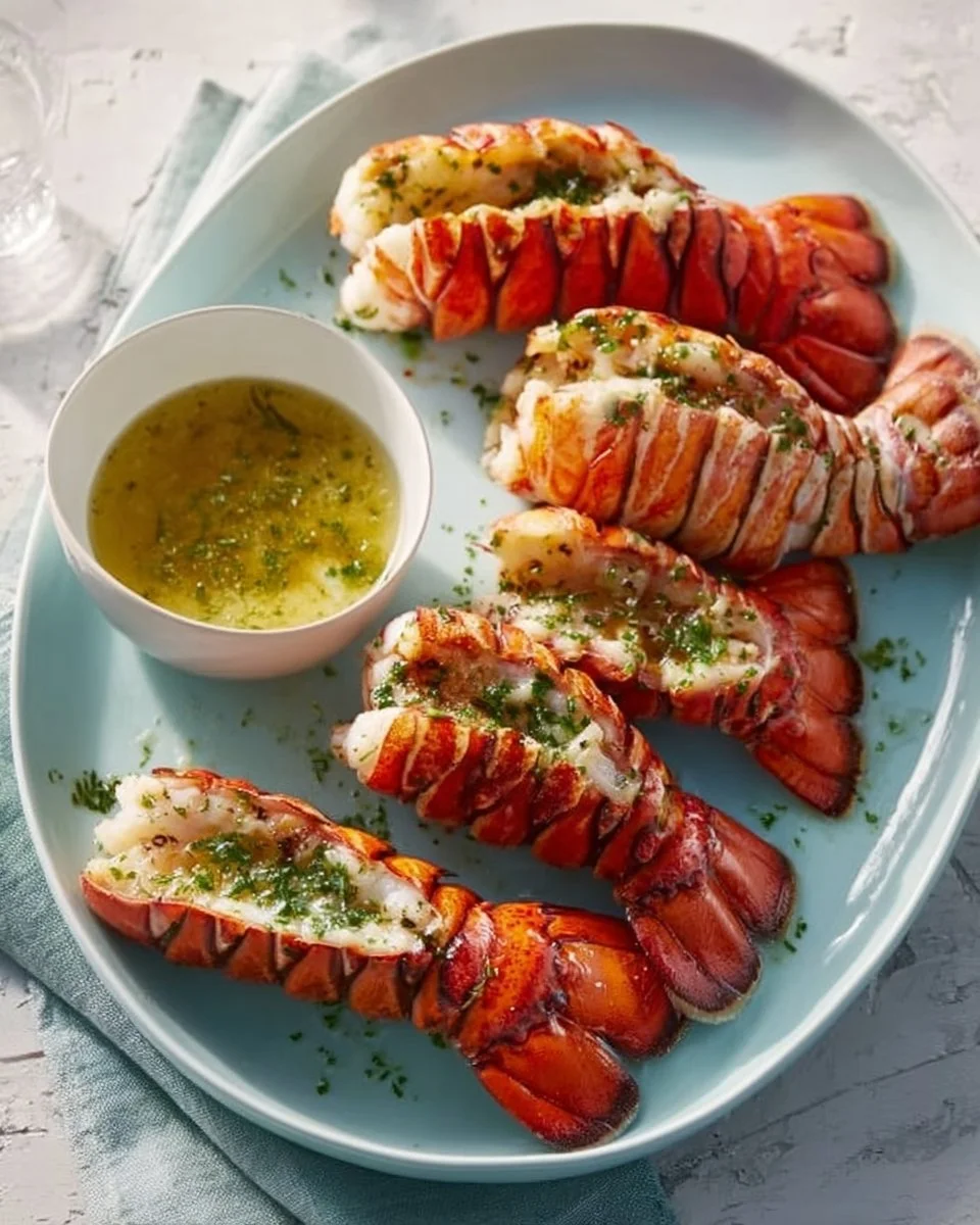 Delicious grilled lobster tails served with lemon and herbs