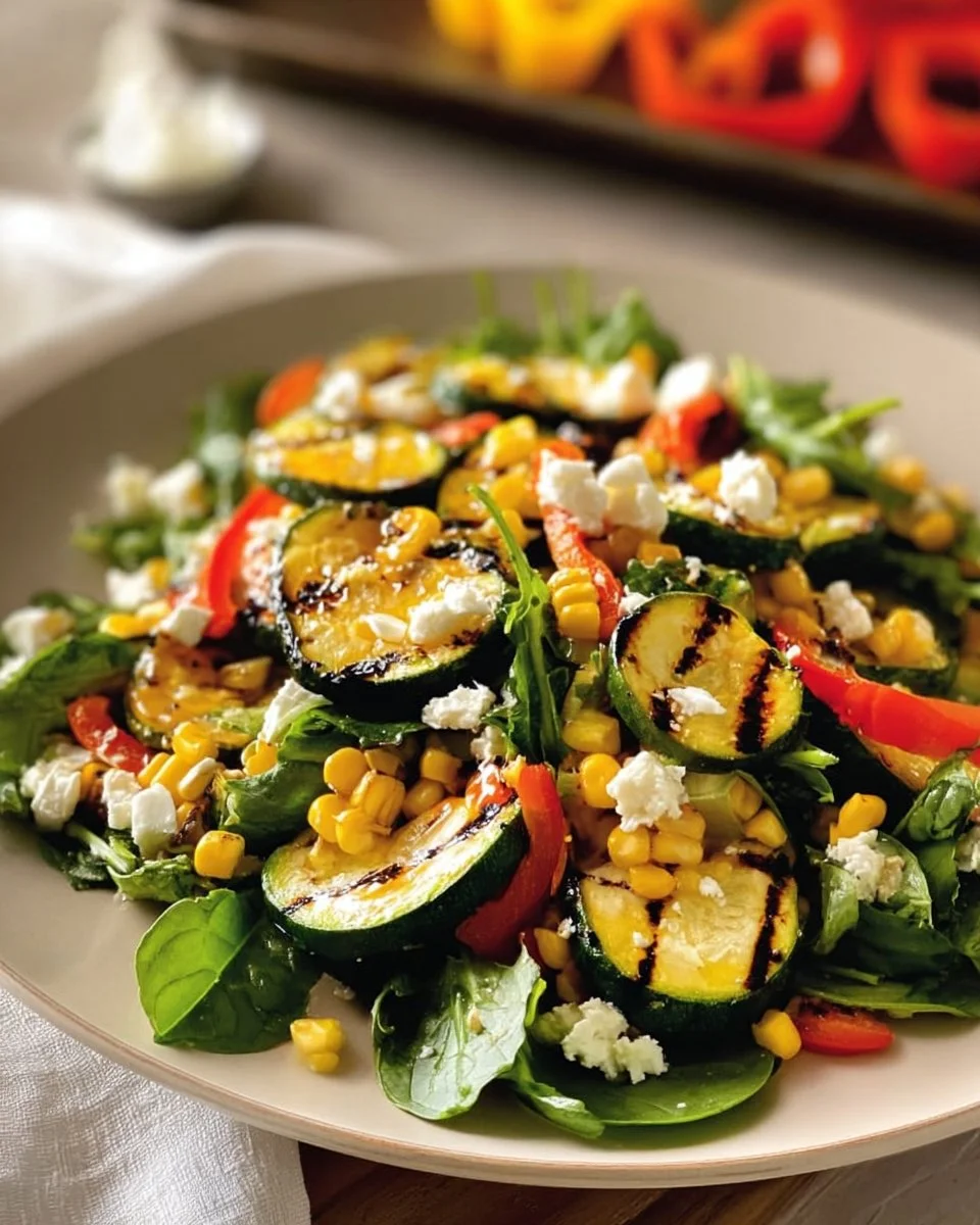 Grilled zucchini salad served in a bowl with fresh vegetables and dressing