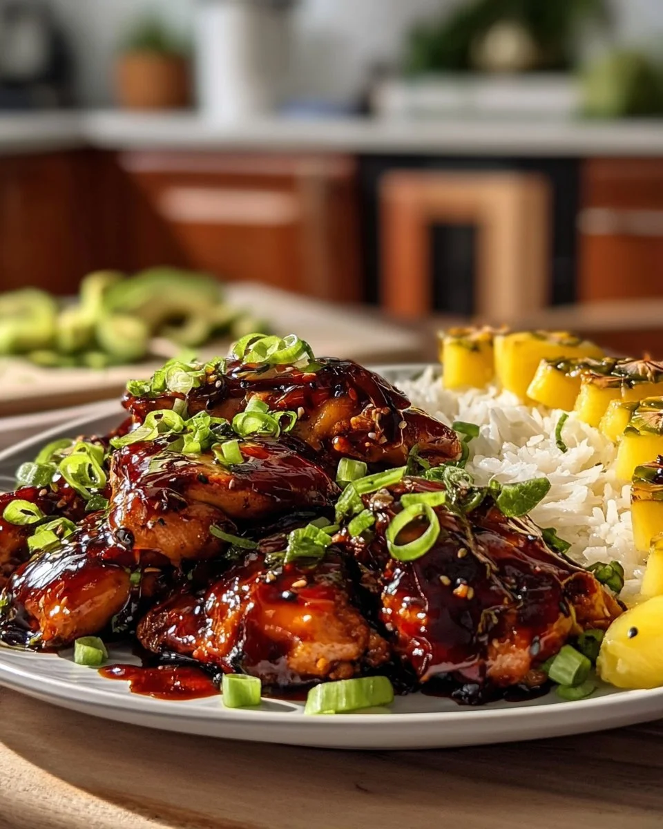 Delicious Hawaiian BBQ Chicken served on a platter with pineapple and sauce.