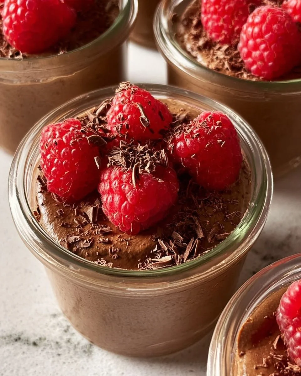 High-protein vegan chocolate mousse topped with fresh berries and mint.