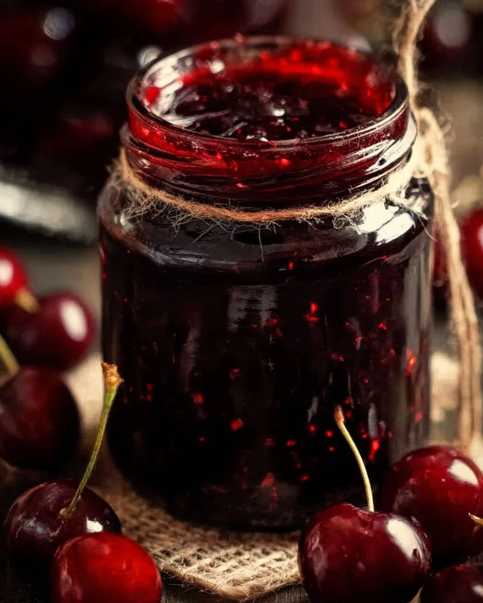 Homemade cherry preserves in a jar with fresh cherries on the table