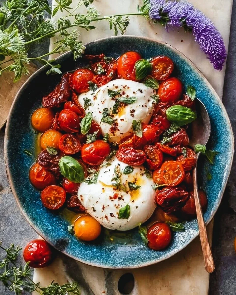 Marinated cherry tomatoes served with creamy burrata cheese.
