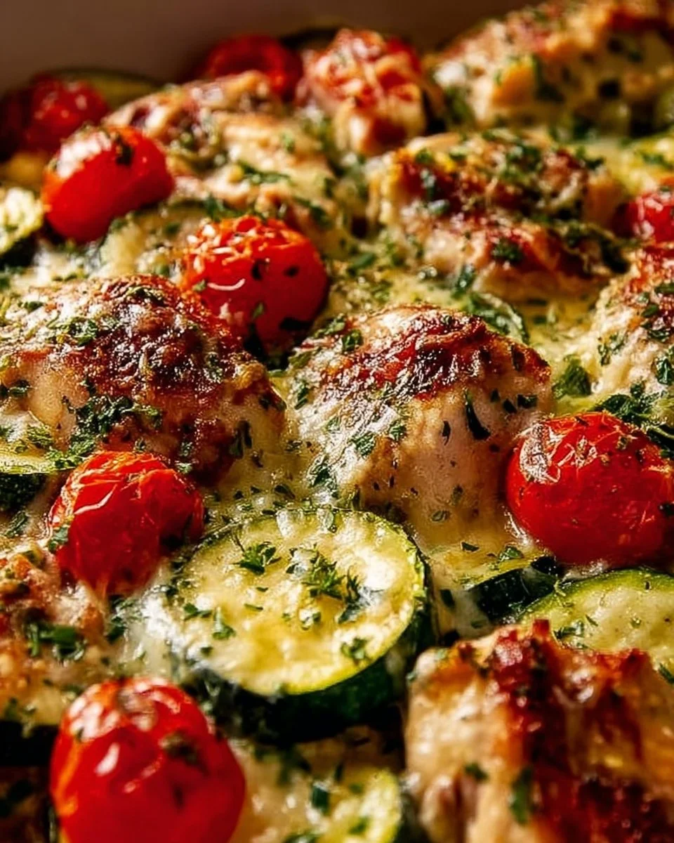 Baked Mediterranean Chicken with Zucchini, olives, and herbs on a plate.