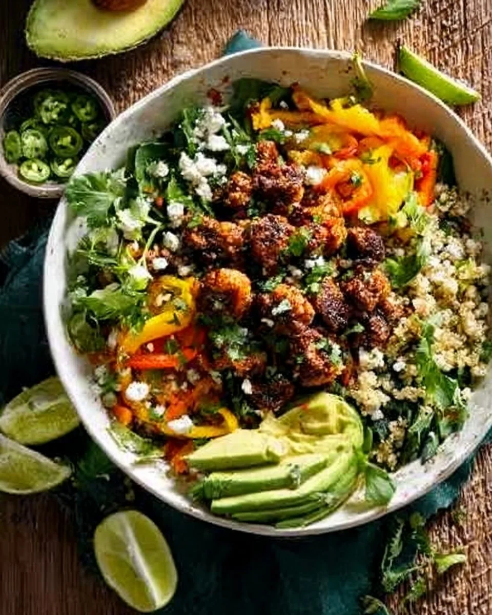 A colorful bowl of Minute Fajita Shrimp Rice with fresh vegetables and spices.