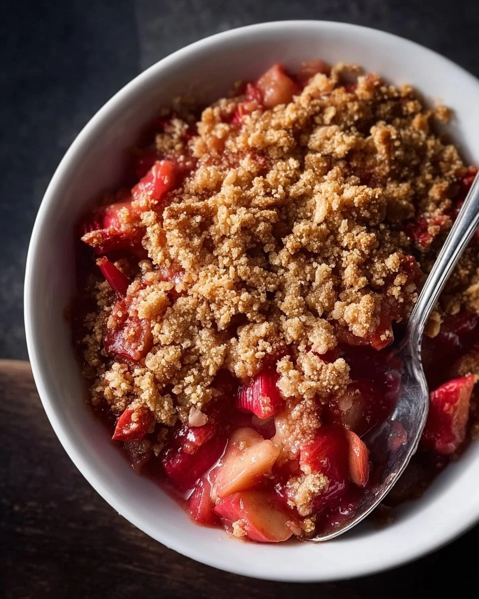 Homemade rhubarb crisp dessert with a crunchy topping and tart rhubarb filling.
