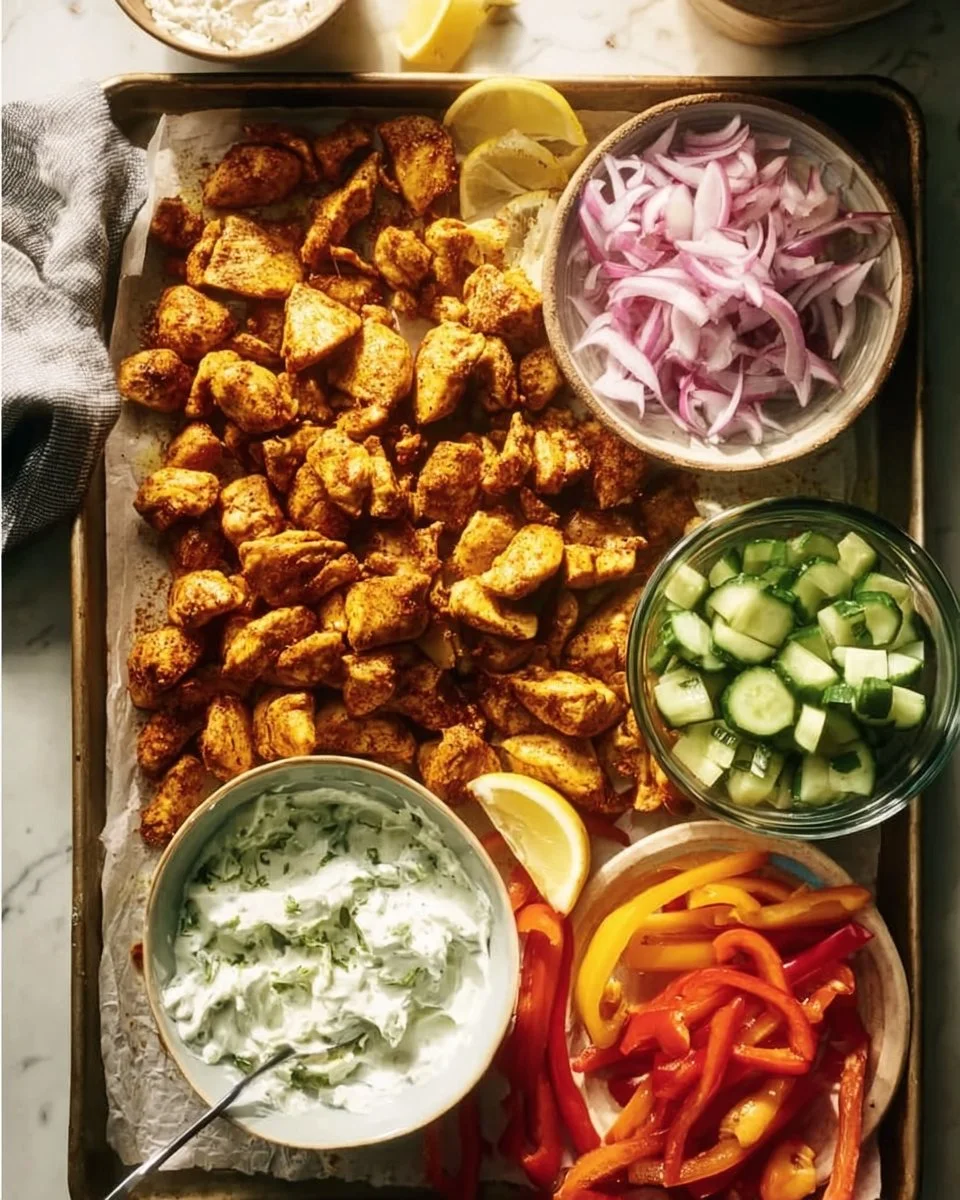 Plate of sheet pan chicken pitas with fresh vegetables and sauce.