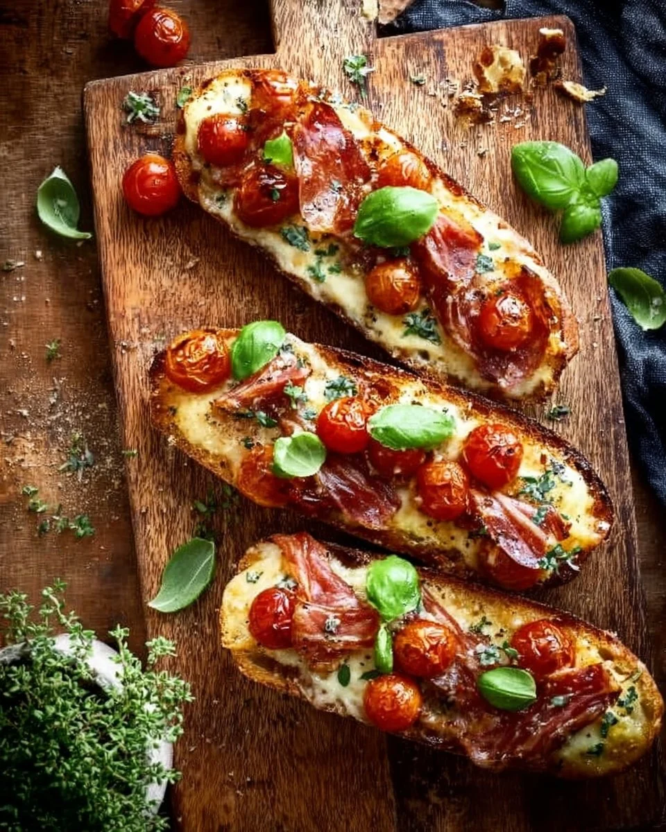 Baked tomato bruschetta with Gruyère cheese, garnished and ready to serve.
